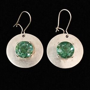 Vtg 925 Green CZ Earings Dangle   Artisan Sterling Silver Homemade Circle Rare